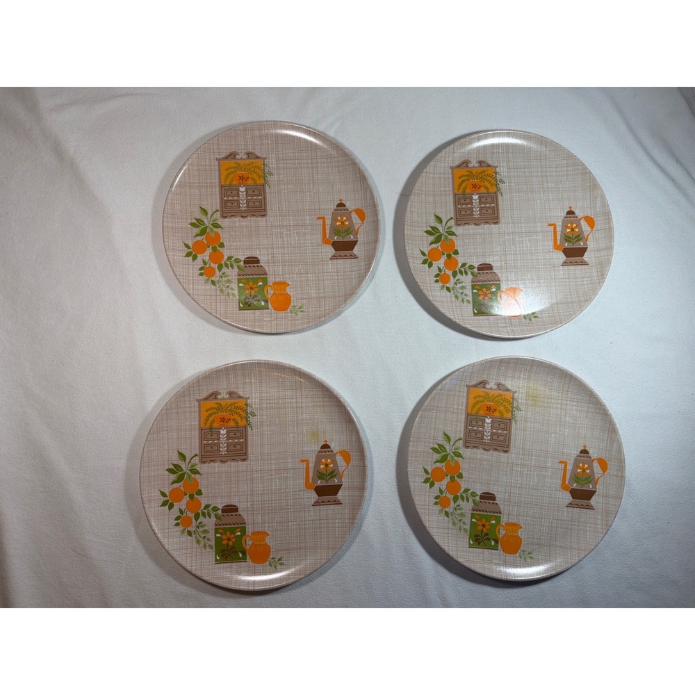 Vintage Lenox Ware Melamine Dinner Plates Set of 4 Retro 70s Kitchen Motif 10"